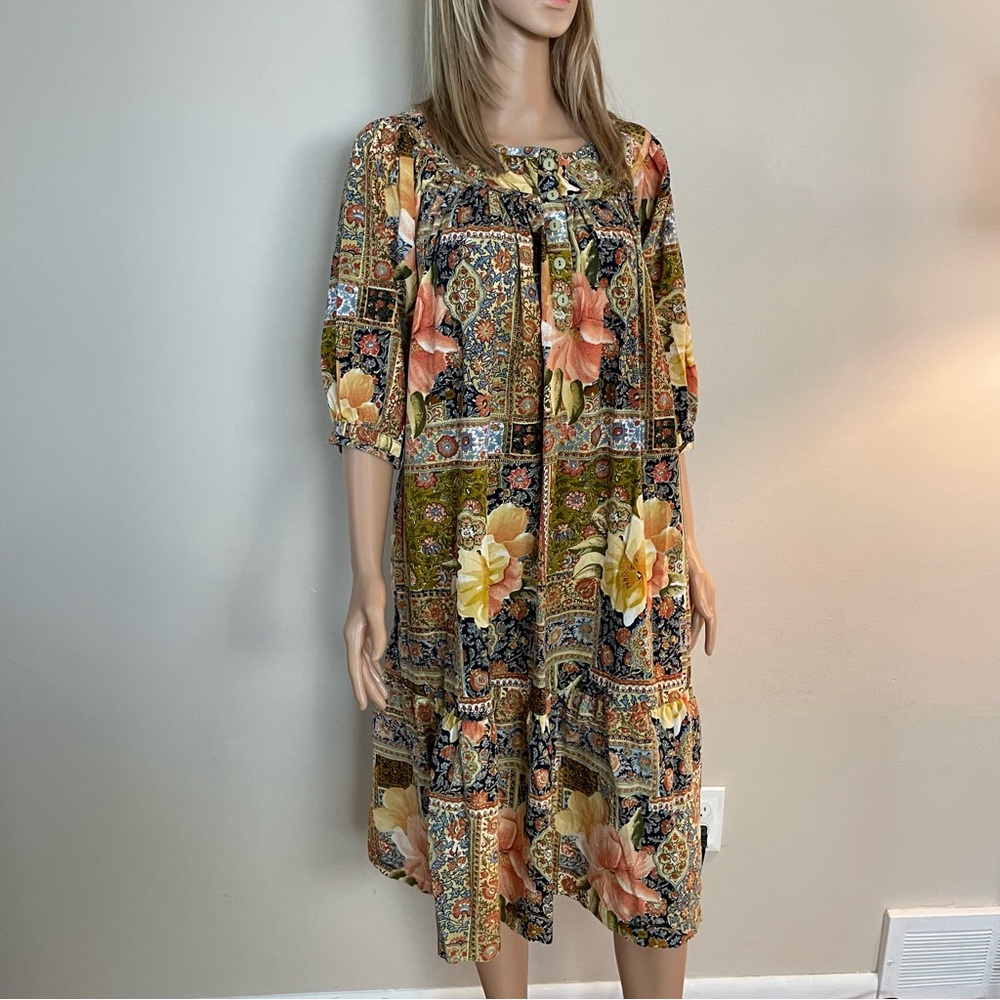 Vintage DAY IN DAY OUT Patchwork SMOCKED Floral HOUSE Tiered Cotton LONG DRESS